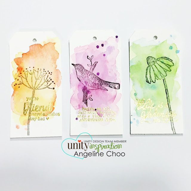 Unity Stamp Company: DT Tuesday with Angeline - watercolored tags #unitystampco #scrappyscrappy #gansaitambi #watercolor #tags #stamp