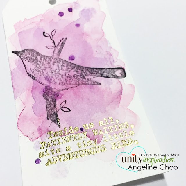 Unity Stamp Company: DT Tuesday with Angeline - watercolored tags #unitystampco #scrappyscrappy #gansaitambi #watercolor #tags #stamp