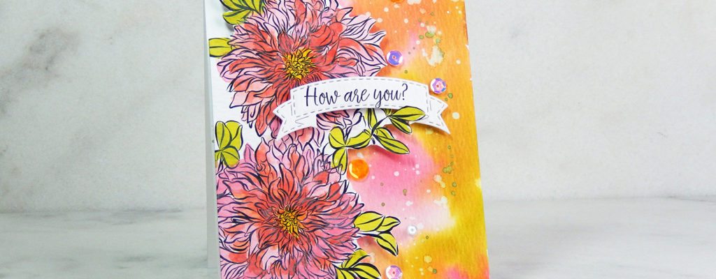 Distress oxide watercolor background floral card.