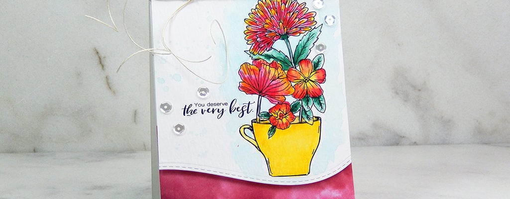 Two-tone watercolor flowers teacup card.