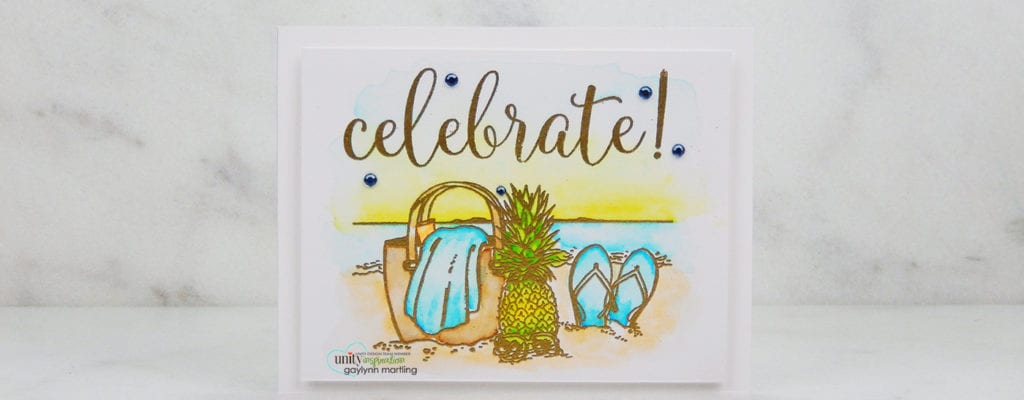 Pastel beach card with watercolor markers and stamps.