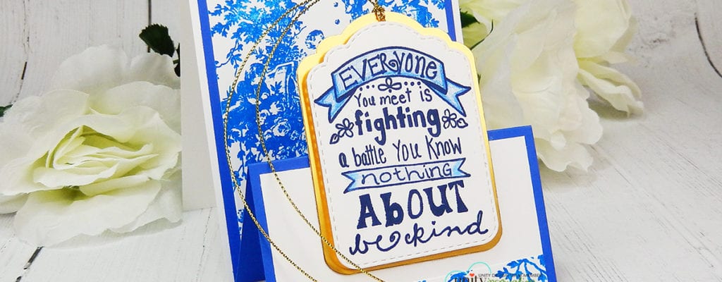 Easel card with stamped blue toile and tutorial
