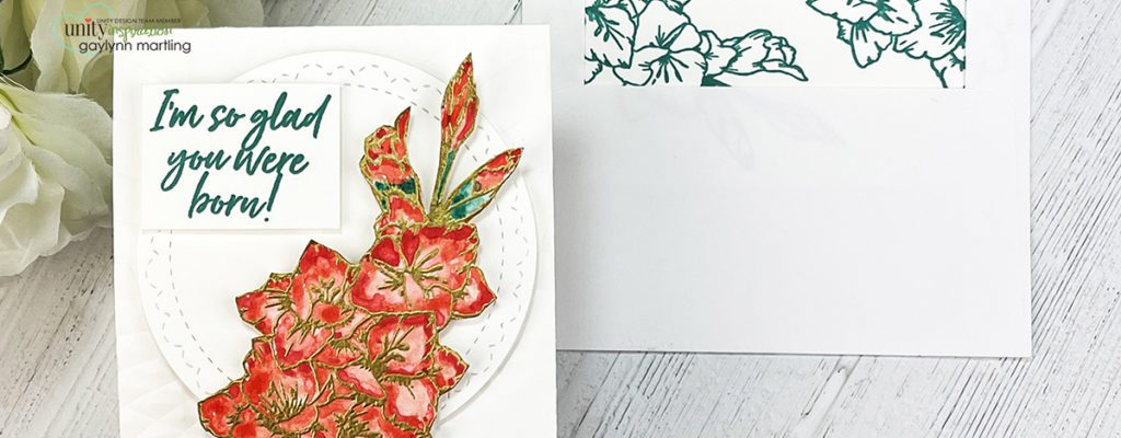 Matching watercolor card, envelope & liner + gladiolus floral